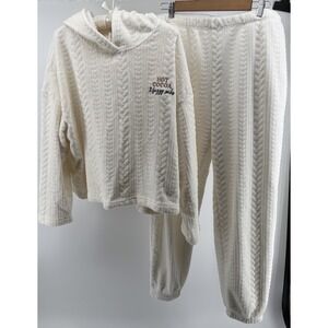 Joyspun Plush Lounge Set Women L 12-14 Cream Cozy Cable Knit Hoodie Jogger Soft